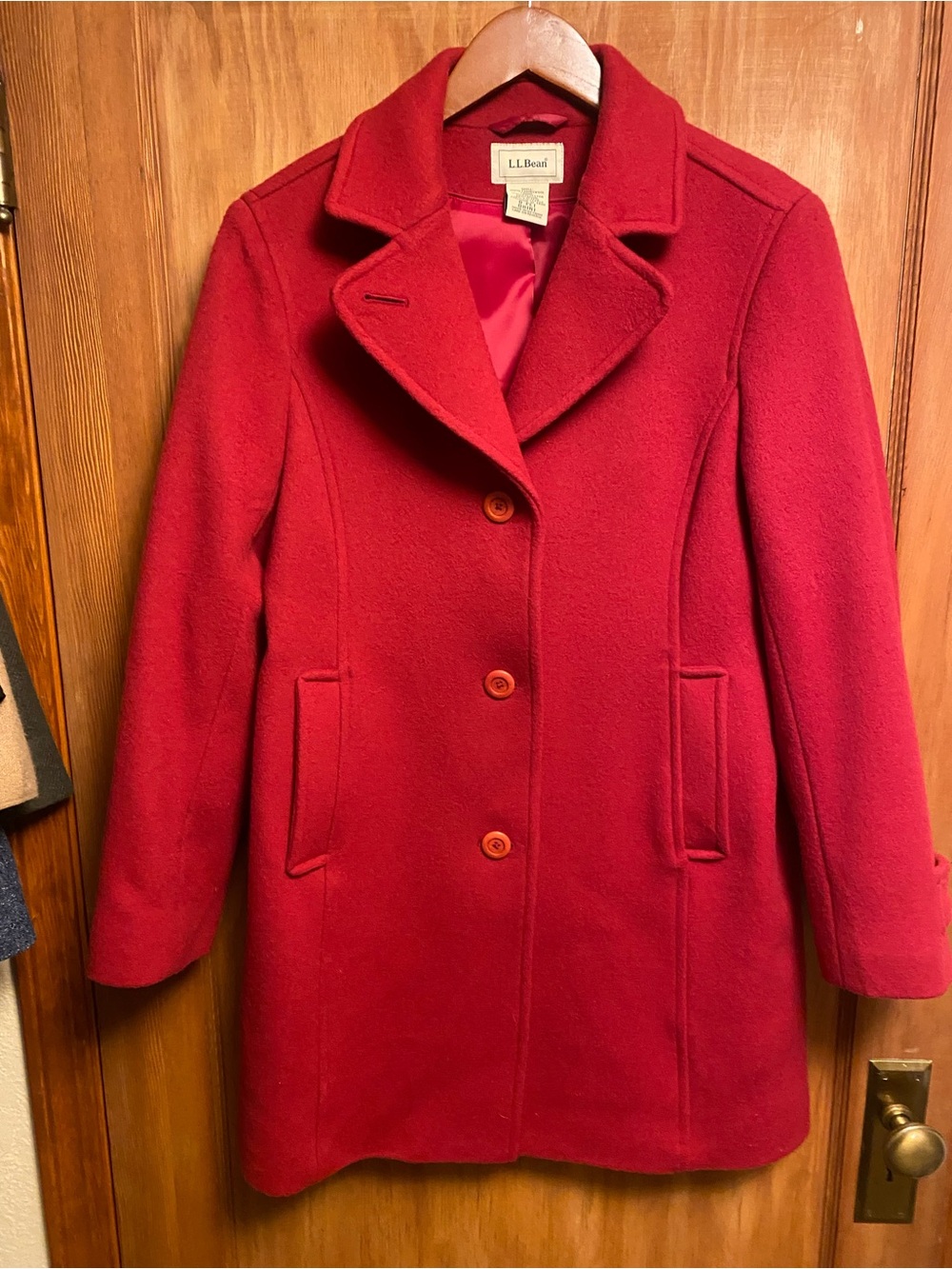 L.L. Bean Women’s Red Lambswool Pea Coat with collar button